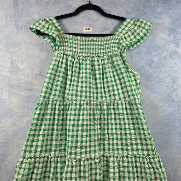 Old Navy Womens Green Gingham Smocked Tiered Midi Dress Flutter Sleeve Medium - Picture 8 of 8